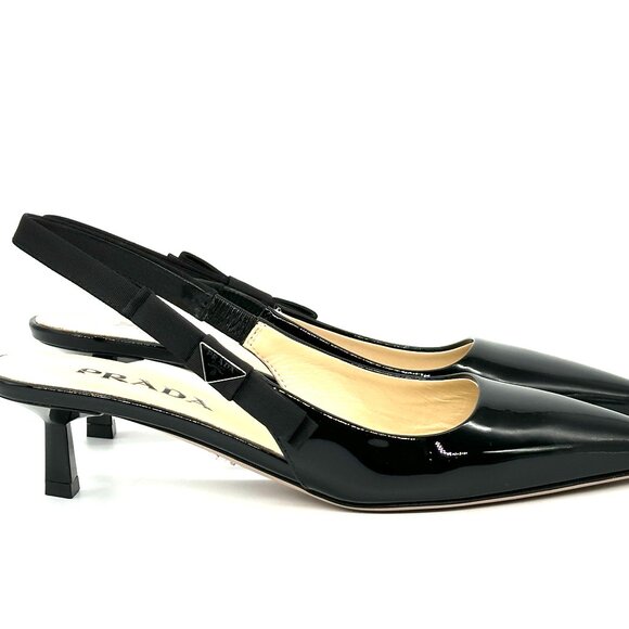 PRADA Triangle Logo Bow Pointed Toe Kitten Heel Slingback Pumps Sandals - Picture 10 of 16